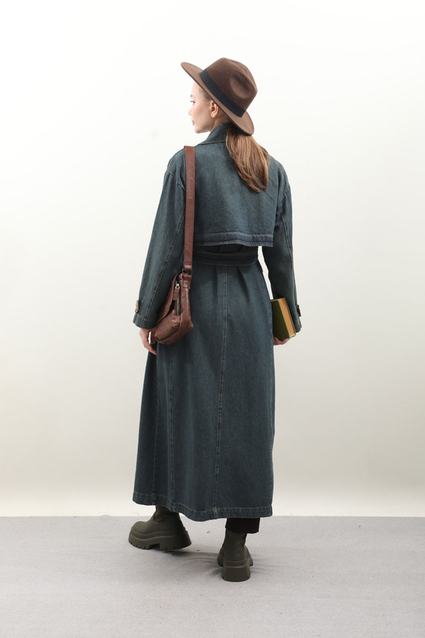 Oversize Denim Trençkot Koyu Mavi - 13