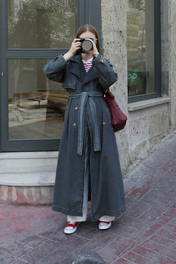 Oversize Denim Trençkot Koyu Mavi - 5