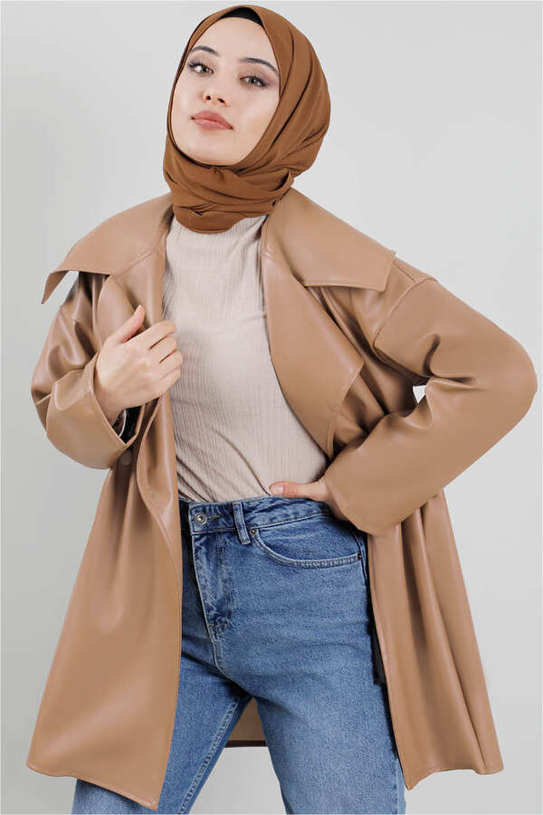 Oversize Deri Ceket Açık Taba