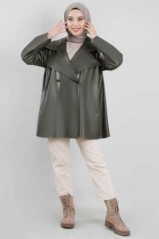 Zulays - Oversize Deri Ceket Haki