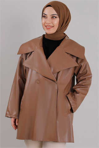 Oversize Deri Ceket Taba - Thumbnail
