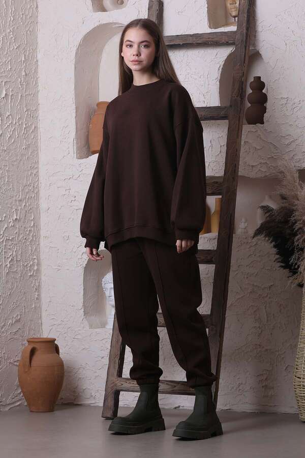 Zulays - Oversize Düz Sweat Kahverengi