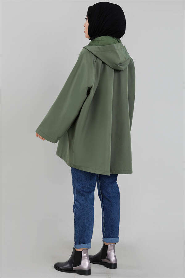 Oversize Kapüşonlu Kısa Trençkot Haki