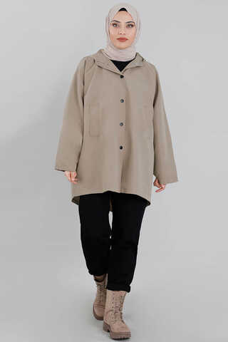 Zulays - Oversize Kapüşonlu Kısa Trençkot Taş