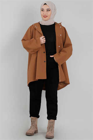 Zulays - Oversize Kapüşonlu Kısa Trençkot Taba