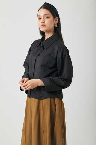 Oversize Kısa Gömlek Siyah - 12