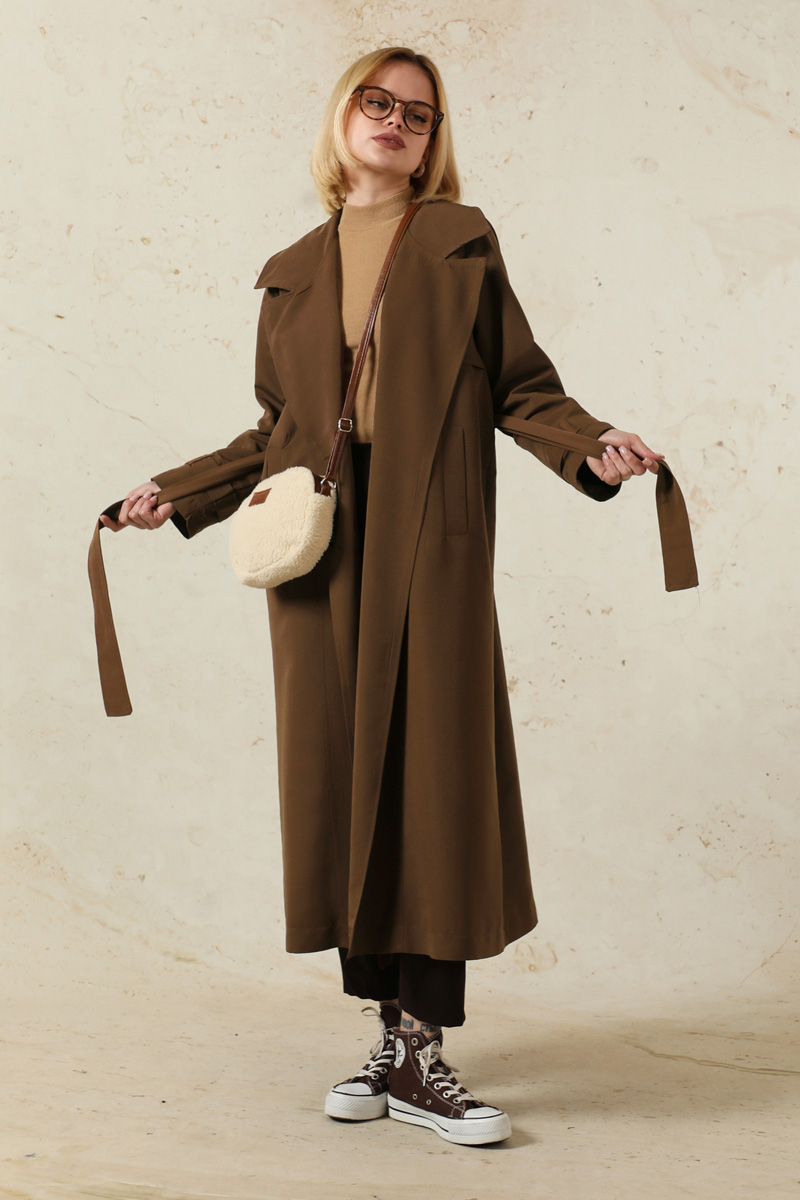 Oversize Kruvaze Trençkot Kahverengi