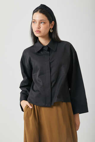 Oversize Kısa Gömlek Siyah - 9