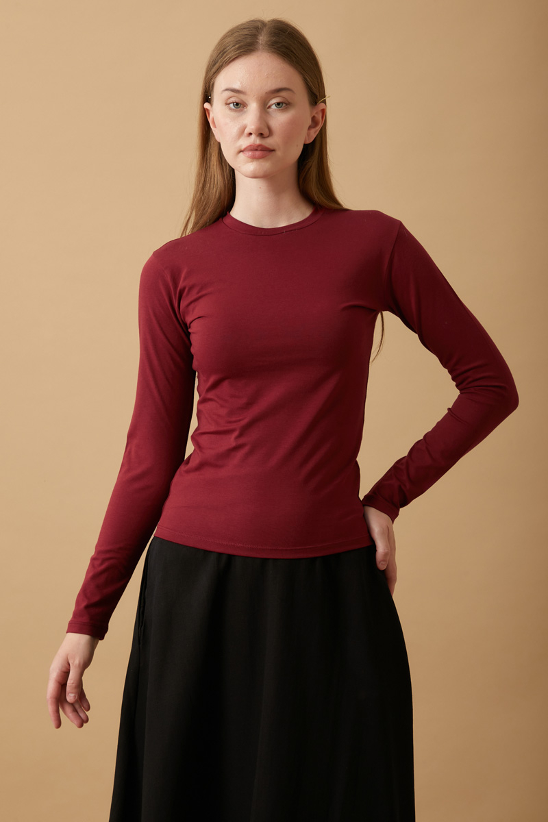 Pamuklu Uzun Kollu Body Bordo