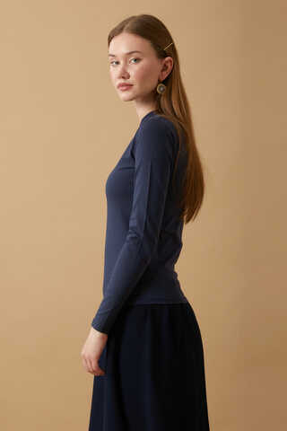 Pamuklu Uzun Kollu Body Lacivert - 3