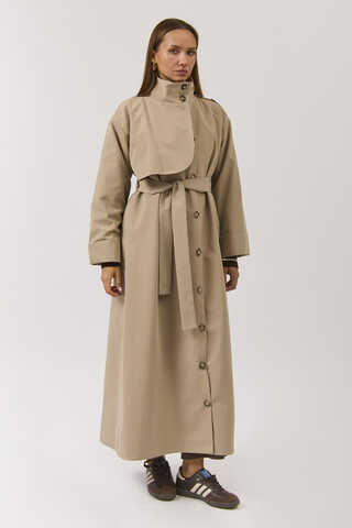 Pamuklu Yüksek Yaka Düğmeli Trençkot Bej - 14