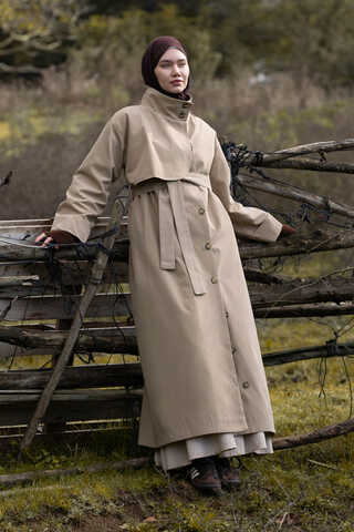 Pamuklu Yüksek Yaka Düğmeli Trençkot Bej - 4