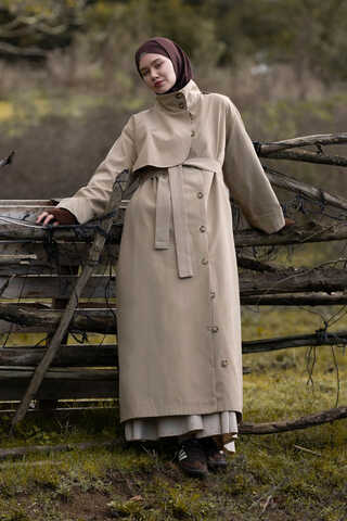 Pamuklu Yüksek Yaka Düğmeli Trençkot Bej - 3