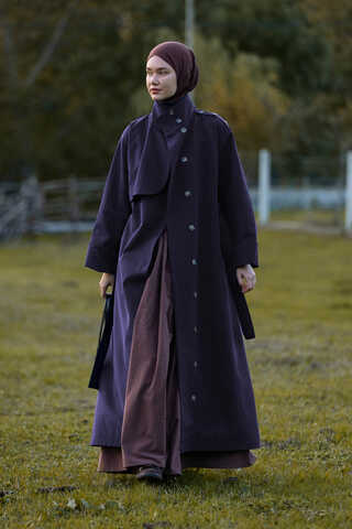 Pamuklu Yüksek Yaka Düğmeli Trençkot Lacivert - 2