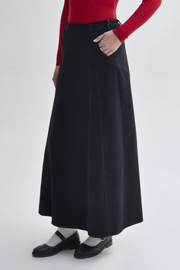 Panel Detailed Denim Skirt Black - 1