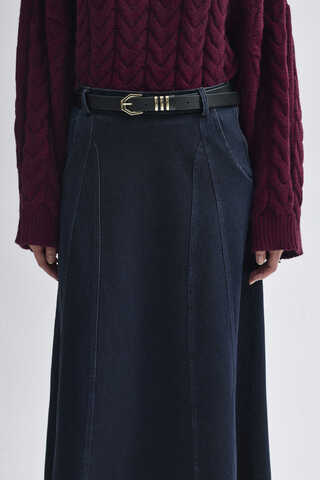 Panel Detailed Denim Skirt Dark Blue  - 6
