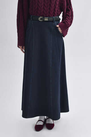 Panel Detailed Denim Skirt Dark Blue  - 5