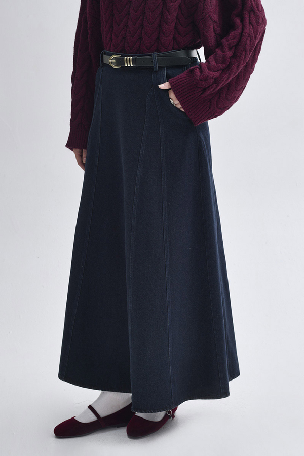 Panel Detailed Denim Skirt Dark Blue (1)