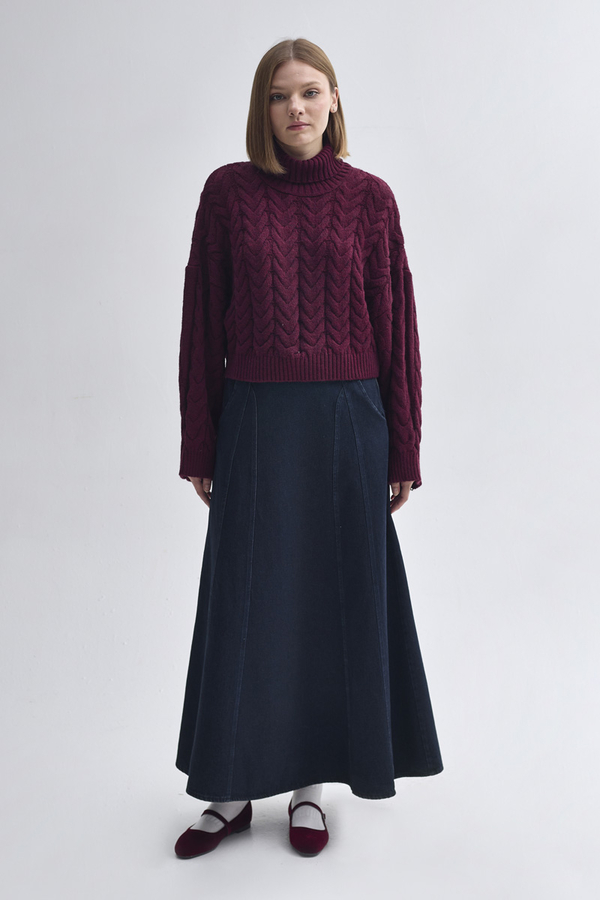 Parça Detaylı Denim Etek Koyu Mavi