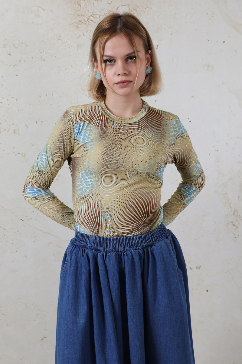 Parmaklı Yılan Desen Body Mavi