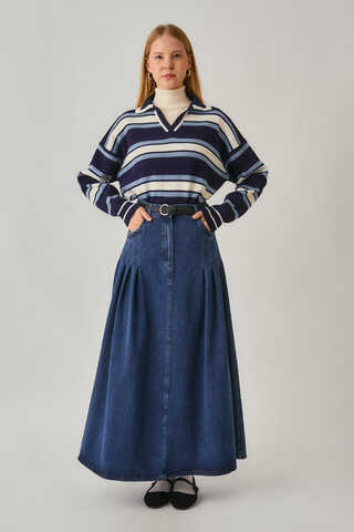 Pile Detaylı Denim Etek Açık Mavi - 5