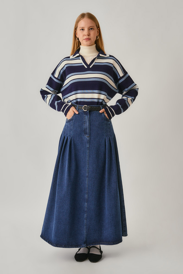 Pile Detaylı Denim Etek Açık Mavi - 5