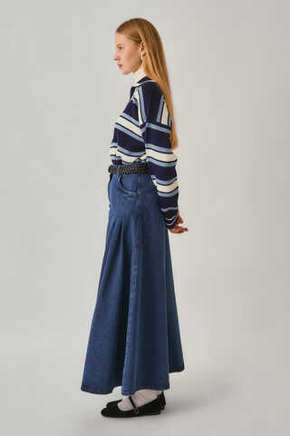 Pile Detaylı Denim Etek Açık Mavi - 6
