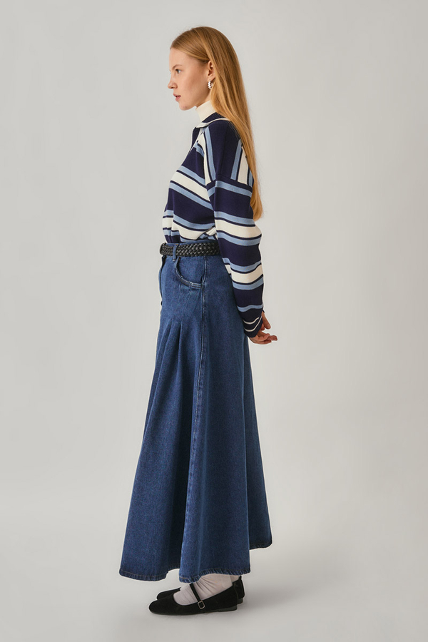 Pile Detaylı Denim Etek Açık Mavi - 6