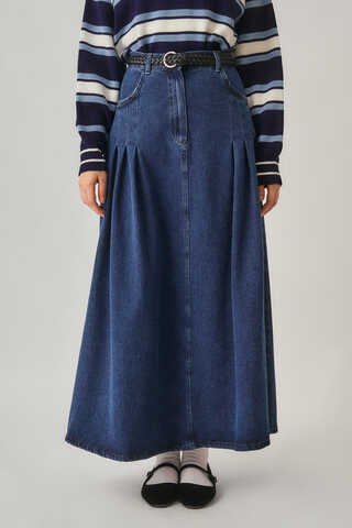 Pile Detaylı Denim Etek Açık Mavi - 3