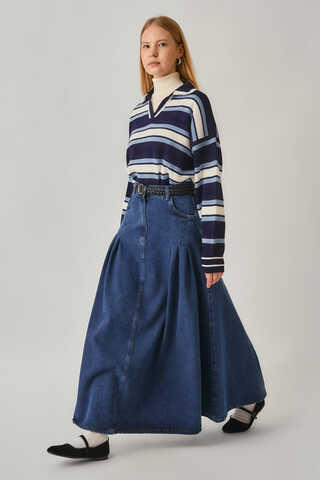 Pile Detaylı Denim Etek Açık Mavi - 4
