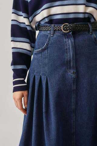 Pile Detaylı Denim Etek Açık Mavi - 7