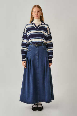Pile Detaylı Denim Etek Açık Mavi - 8