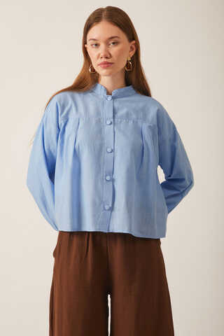 Pile Detaylı Keten Gömlek Bebe Mavisi - 4