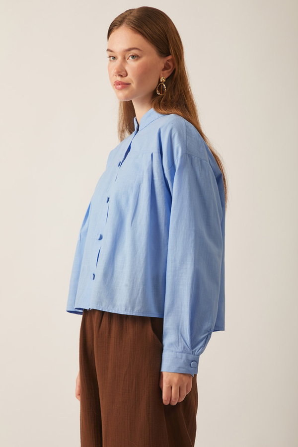 Pile Detaylı Keten Gömlek Bebe Mavisi - 7