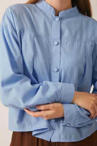 Pile Detaylı Keten Gömlek Bebe Mavisi - 10
