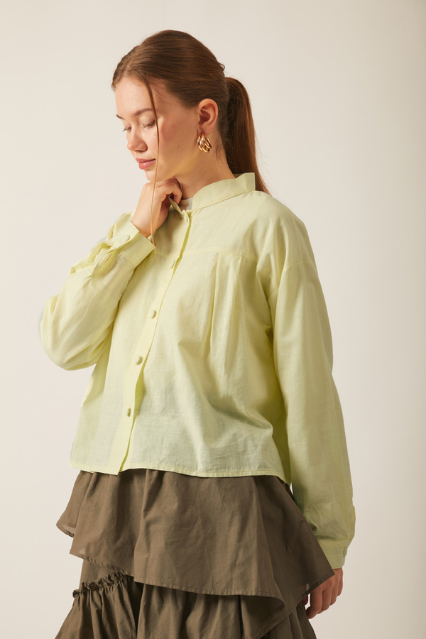 Pile Detaylı Keten Gömlek Tereyağı Sarısı - 7