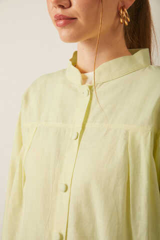 Pile Detaylı Keten Gömlek Tereyağı Sarısı - 9
