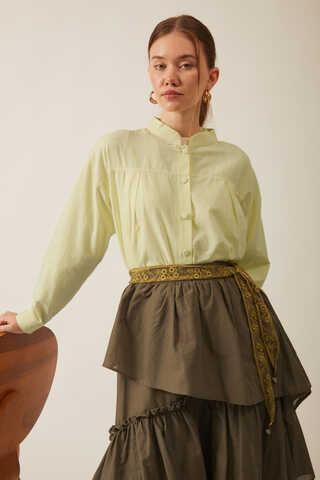 Pile Detaylı Keten Gömlek Tereyağı Sarısı - 3