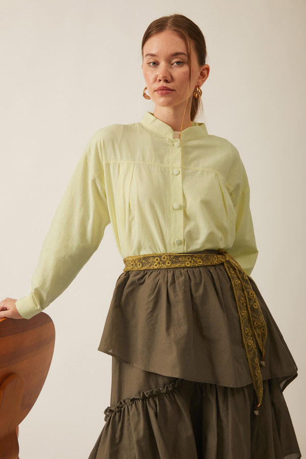 Pile Detaylı Keten Gömlek Tereyağı Sarısı - 3