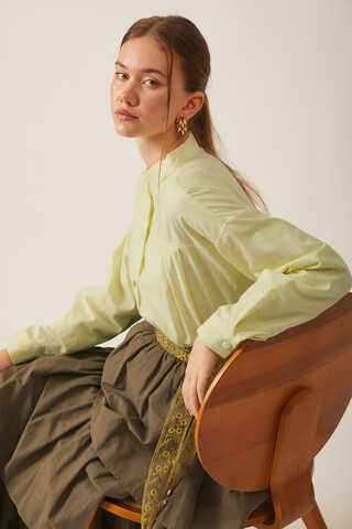 Pile Detaylı Keten Gömlek Tereyağı Sarısı - 2