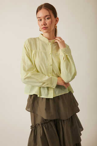 Pile Detaylı Keten Gömlek Tereyağı Sarısı - 11