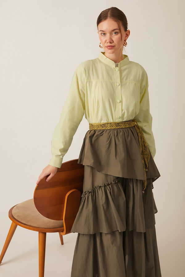 Pile Detaylı Keten Gömlek Tereyağı Sarısı - 12