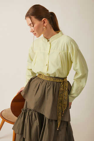 Pile Detaylı Keten Gömlek Tereyağı Sarısı - 1