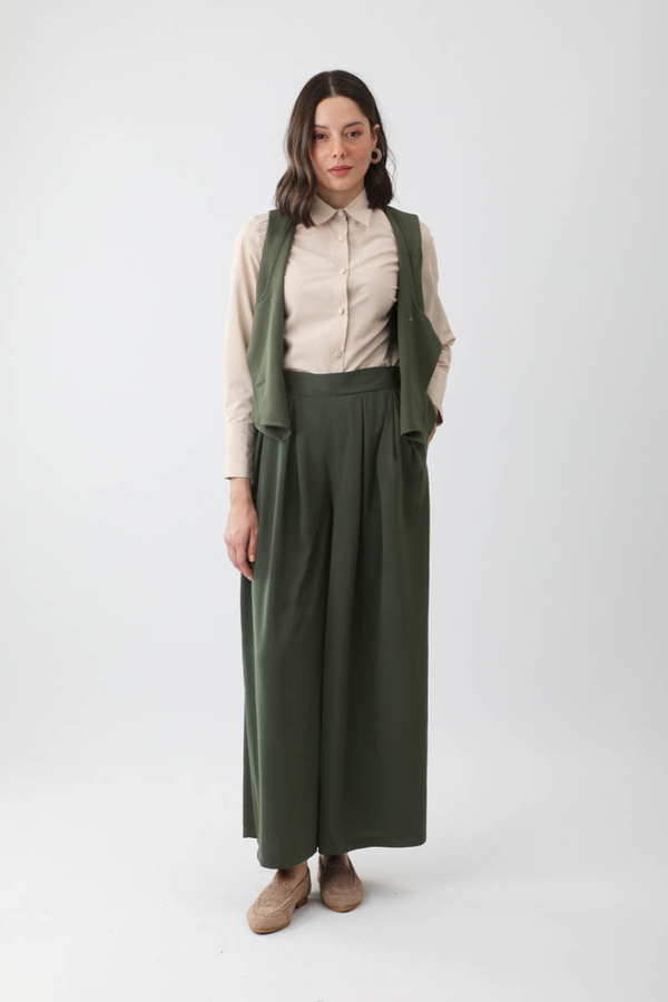 Pileli Bol Paça Pantolon Haki - 1