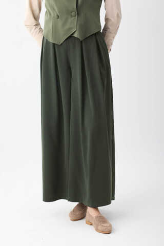 Pileli Bol Paça Pantolon Haki - 5