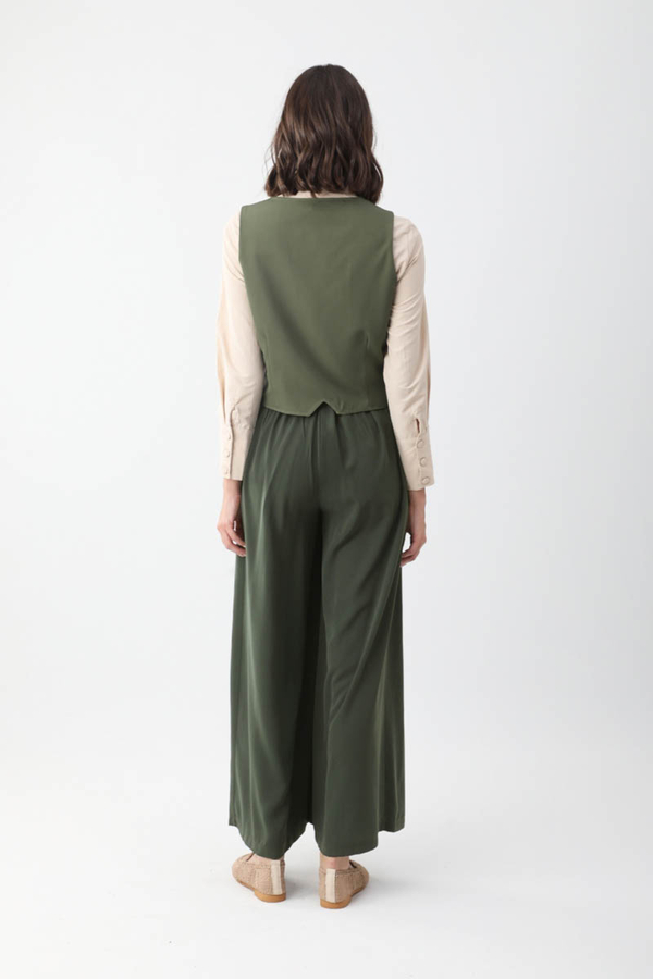 Pileli Bol Paça Pantolon Haki - 6