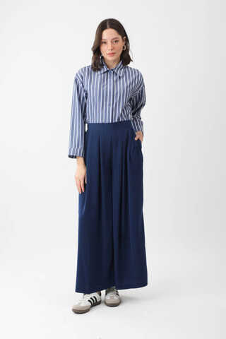 Pileli Bol Paça Pantolon Lacivert - 2