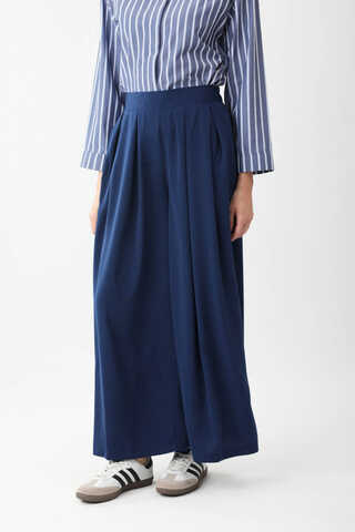 Pileli Bol Paça Pantolon Lacivert - 3