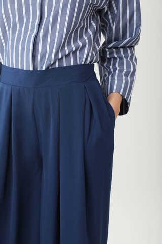 Pileli Bol Paça Pantolon Lacivert - 4