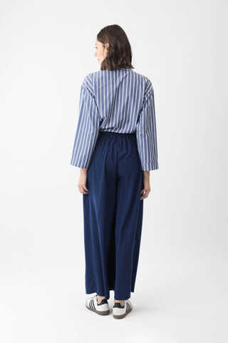 Pileli Bol Paça Pantolon Lacivert - 5